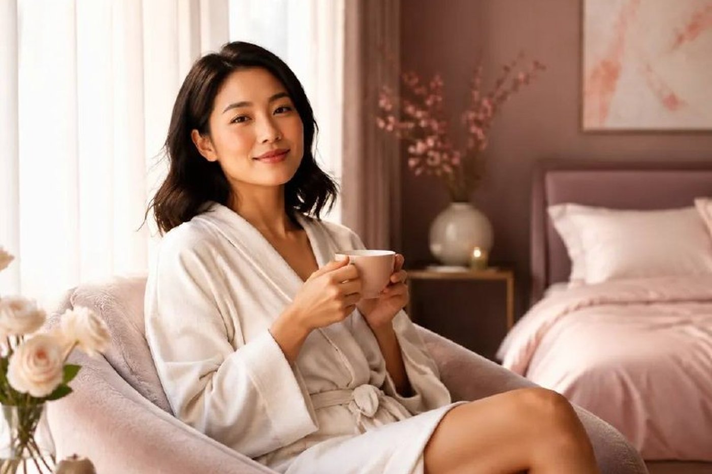 Wanita tenang minum pagi hari